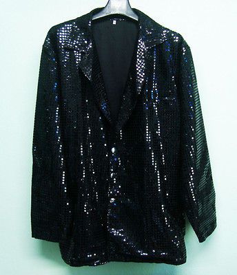 Men Cabaret Disco Fancy Party Dance Singer Glitter Sequin Jacket Black