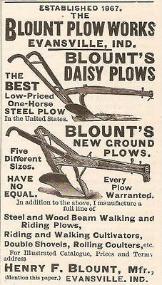 NEAT 1891 BLOUNT DAISY WALKING PLOW & NEW GROUND PLOWS AD EVANSVILLE