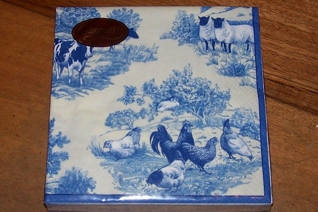 Farmyard Barnyard Blue Toile 20 Paper Napkins Serviettes Cows Chickens