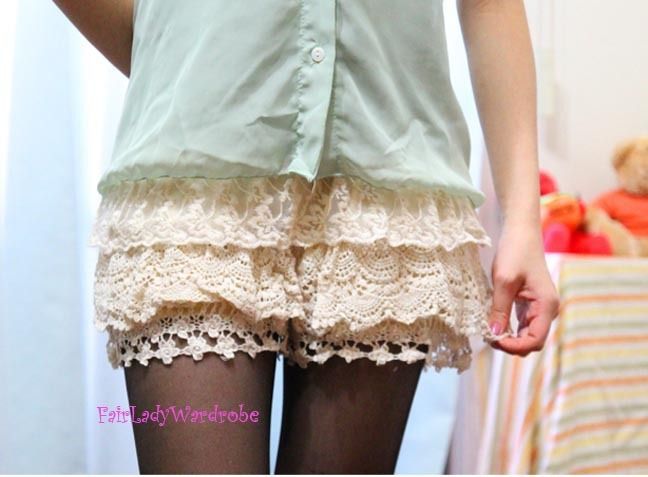 Japan Crochet Mesh Layer Mixed Lace Bloomer Slip Shorts Almond