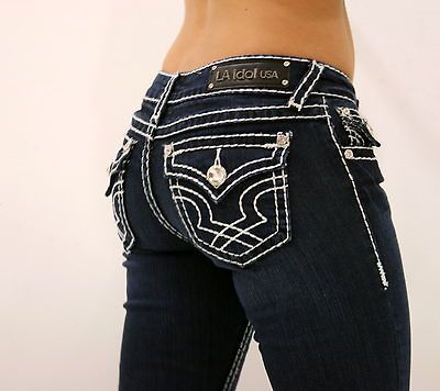 LA IDOL CLASSIC THREE RHINESTONE STUDDED DARK BLUE DENIM JEANS