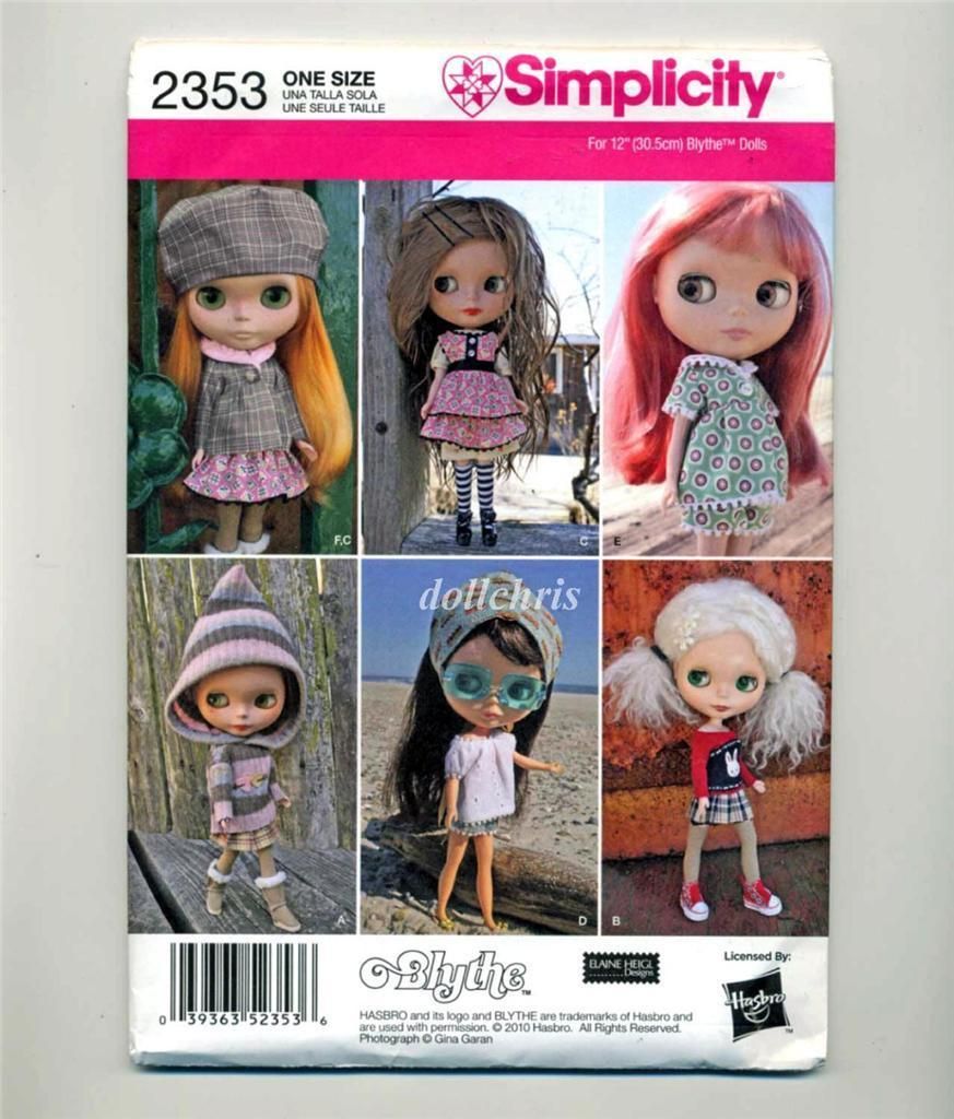 12 Blythe Doll Wardrobe Pattern Simplicity 2353 Uncut Factory Folded