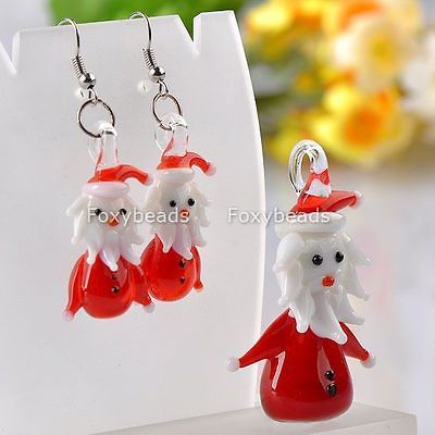 Red Lampwork Glass Murano Santa Jewelry Set Pendant&Earring XMas Gift