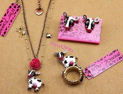 Betsey Johnson Crystal red flowers bow cows Necklace Earrings Ring set