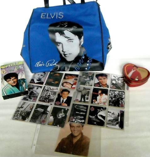 PRESLEY TRADING CARDS X 18, POSTCARD, VIDEO, TIN & ELVIS BOBBLEHEAD