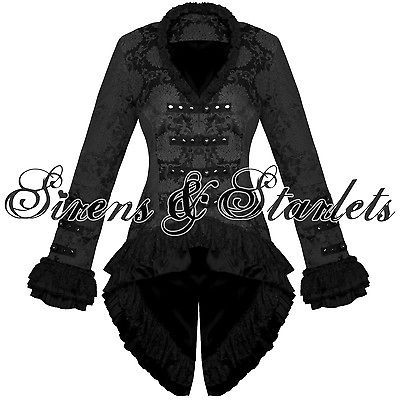 NEW BLACK GOTHIC MILITARY SATIN STEAMPUNK FLORAL BROCADE JACKET COAT