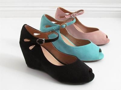 NEW FAUX SUEDE ANKLE STRAP Open Peep Toe Cut Out Sandals Wedge Heel