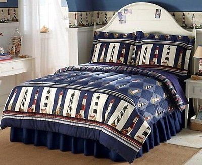 Twin Lighthouse Decor Reversible Stripes & One Sham Comforter Nautical