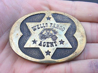 Vtg WELLS FARGO AGENT Belt Buckle STAR Badge BANK Brass 125th LOGO