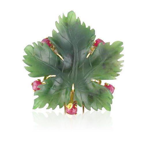 VINTAGE M. BUCCELLATI 18K GOLD NEPHRITE RUBY BROOCH