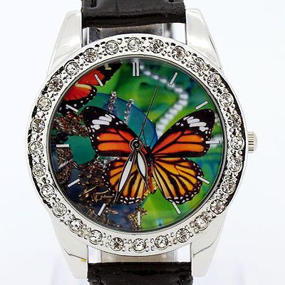 Black Leather Butterfly Face Quartz Wristwatch For Gfit Unisex L6H