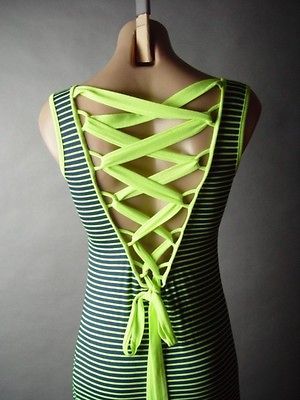 Navy Blue Neon Sporty Stripe Corset Lace Up Back Tomboy Tank Maxi fp