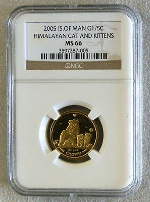 ISLE OF MAN 1/5 CROWN HIMALAYAN CAT & KITTENS COIN NGC MINT STATE 66