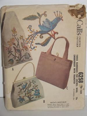 MCCALLS PATTERN #6258 3 HANDBAGS FOR CREWEL WOOL EMBROIDERY TRANSFER