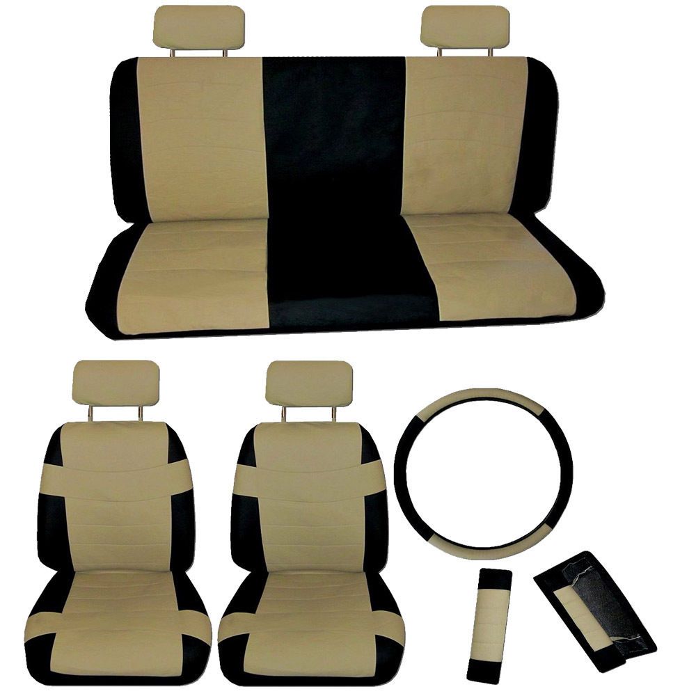 FAUX PU LEATHER CAR SEAT COVERS 11 Piece Set Superior Tan Black Bucket