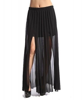 MOGAN Slit PLEATED LONG SKIRT Boho Elastic Waist Layered Mini Sheer