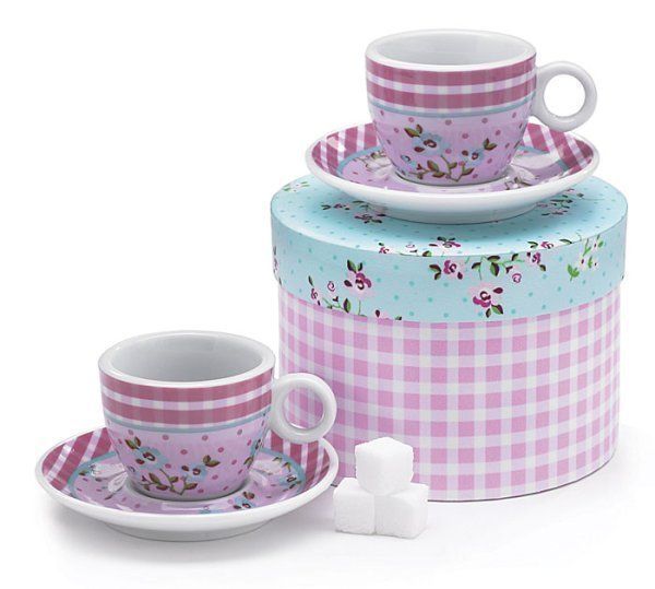 Tea Espresso Cup Caprice Gingham Porcelain Set Saucer Gift Box Pink