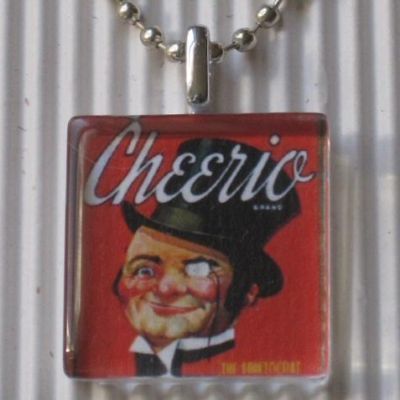 Ad Art Ephemera Glass Tile Necklace Cheerio Monocle Odd Silver Jewelry