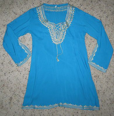 ANTHROPOLOGIE BLUE GOLD EMBROIDERED HIPPIE BOHO TUNIC DRESS MED SO
