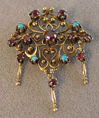 Yellow gold garnet & turquoise pin or pendant    7.3 grams (#F141F)