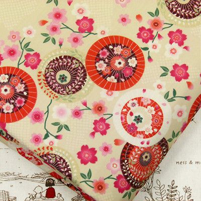 FQ. JAPANESE UMBRELLA SAKURA CHERRY BLOSSOM FLOWER 100% COTTON FABRIC