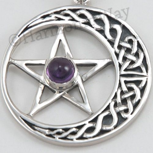 925 Sterling Silver CRESCENT CELTIC MOON PENTAGRAM Pentacle Pendant