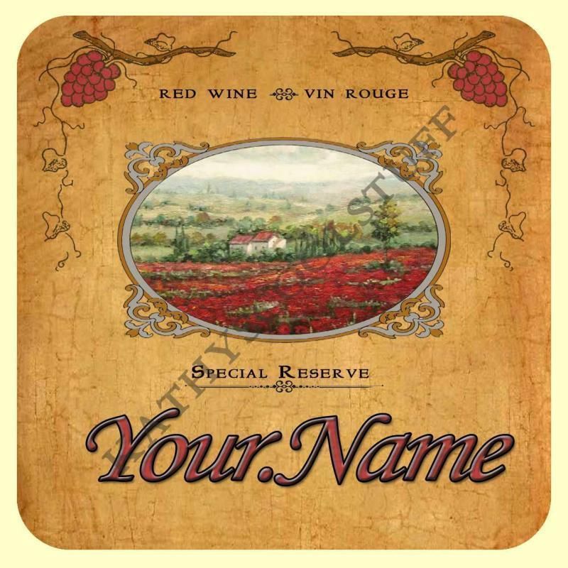 Pack of 4 8 12 coasters PERSONALIZED WITH YOUR NAME WINE POPPIES LABEL