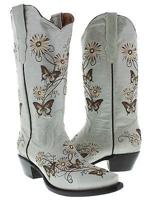 Womens cowboy boots ladies leather embroider butterfly flower