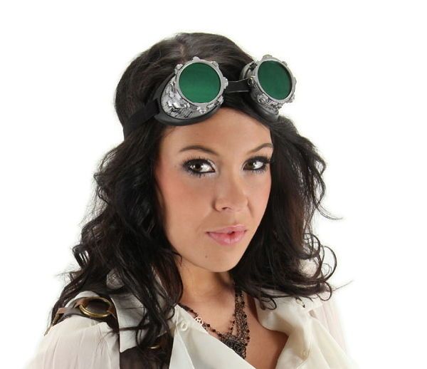 SteamPunk Cosplay Goth CyberSteam Silver/Green Goggles, NEW UNWORN