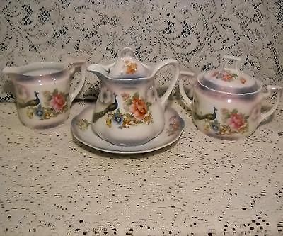 1910 BAVARIA LUSTREWARE TEA SET~ POT, SUGAR, CREAMER, PEACOCK FLORALS