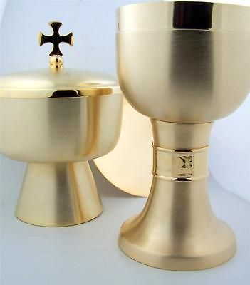 Gold Plate Matte Finish Chalice w Paten and Ciborium Cross Top Set