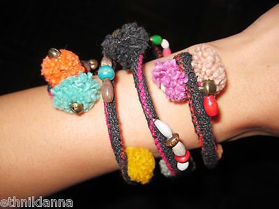 Handmade Bracelet Black Fabric & Pom Poms by HMONG Hill in Thailand