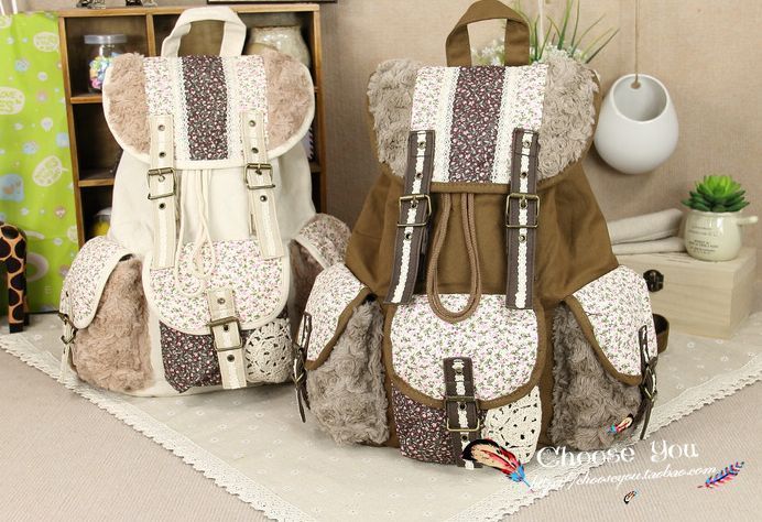 New Patchwork Lace Pocket Floral Fur Backpack Shoulder Bag Satchel