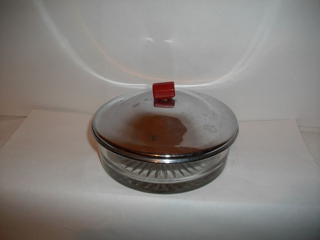 POWDER JAR~SUNBURST BOTTOM~METAL COVER~RED BAKELITE KNOB~A1 CONDIT