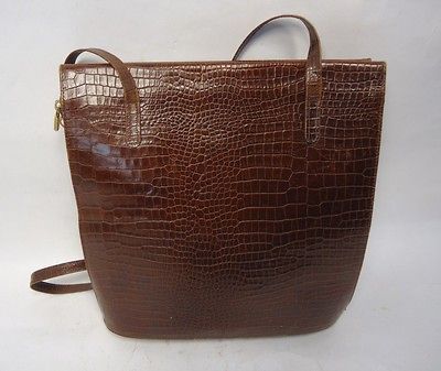 VINTAGE L CREDI BROWN CROC PRINT LEATHER SHOPPER TOTE HANDBAG