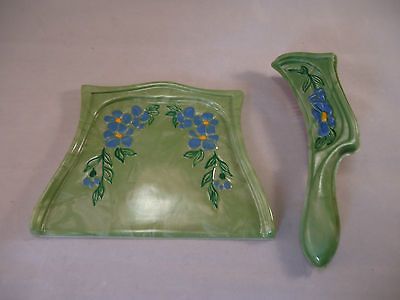 Green & Blue Floral Plastic Crumb Ox Hair Brush & Dust Pan Tray