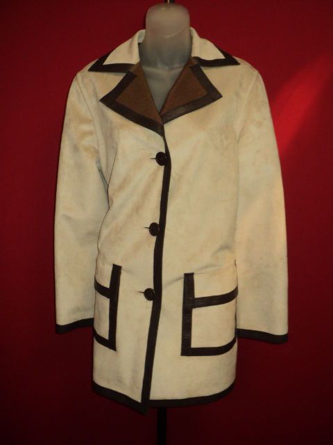 CECOCO Soft Beige Buckskin Leather Chocolate Trim Satin Lined Jacket