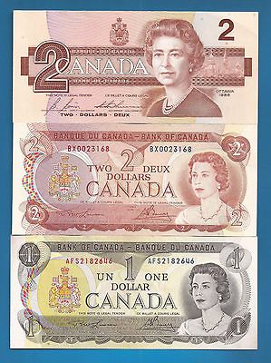 of CANADA 1973 issue ONE + 1974 1986 TWO dollar notes bills crisp UNC