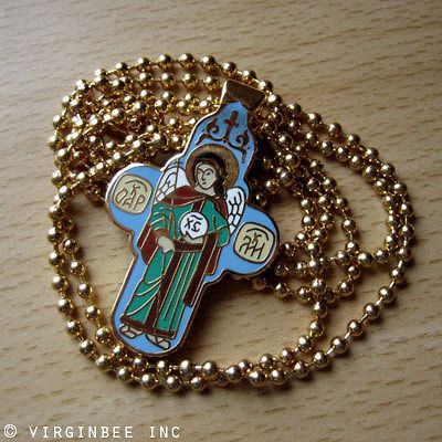 ARCHANGEL JESUS CROSS ORTHODOX GOLD ENAMLED PENDANT CHAIN NECKLACE