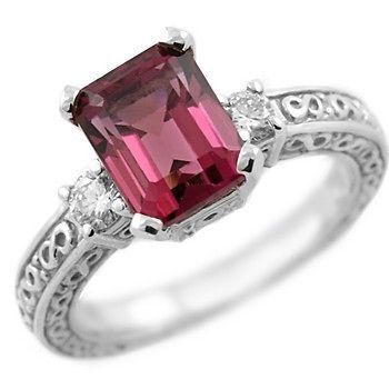 PINK TOURMALINE DIAMOND 3 STONE ENGAGEMENT RING 14k WHITE GOLD VINTAGE