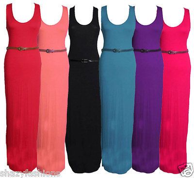 Womens Plain Belted Long Jersy Slim Bodycon Summer Racer Back Ladies