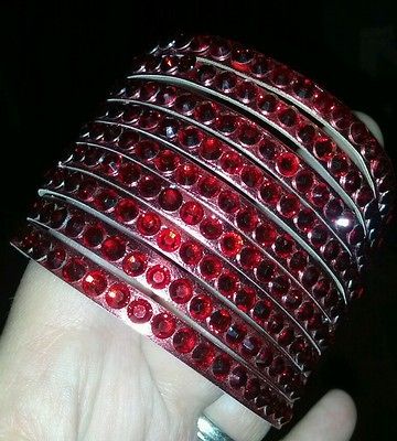 Red faux leather wrist cuff bracelet with red crystals