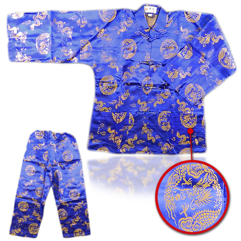 Boys Chinese Dragon Totem Long 2 PCS Blue Long Sleeves & Trouser Size