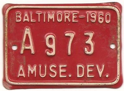 1962 VENDING MACHINE LICENSE PLATE Baltimore MD Amuse. Dev. Arcade