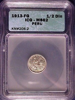 1913 FG Peru 1/2 Dinero   .900 Silver, ICG MS62 UNC