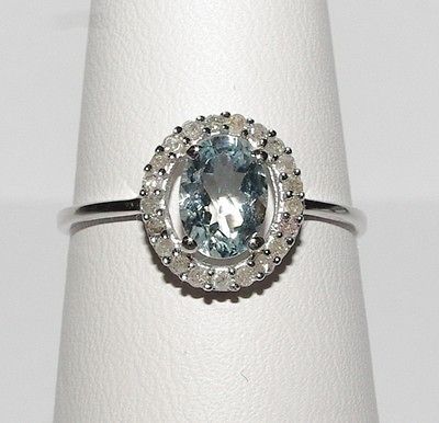 CD0004   AQUAMARINE & DIAMOND 10K WHITE GOLD RING