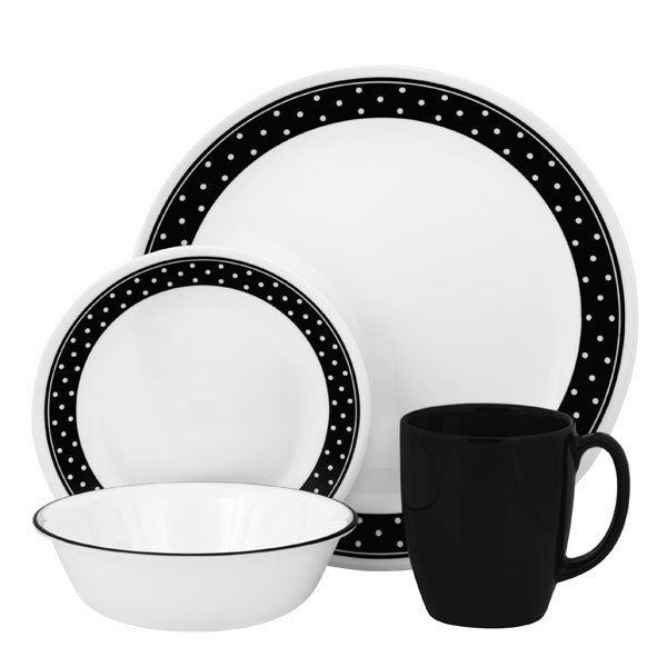 pc BRILLIANT BLACK DOTS Dinnerware Set ~*~ COOL WHITE POLKA DOTS *NEW