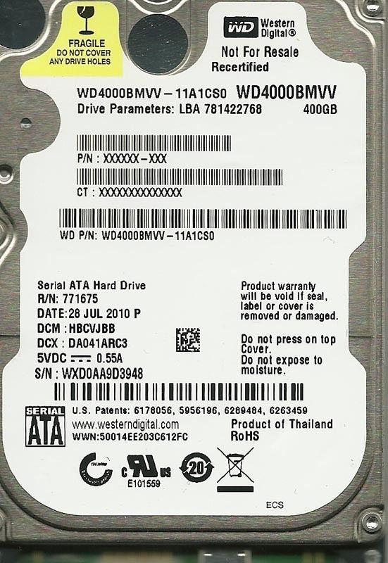 WESTERN DIGITAL 400GB WD4000BMVV 11A 1CS0 HBCVJBB USB 2