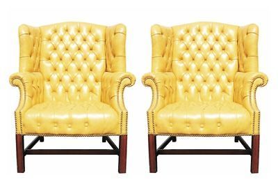 Wormley Style Wingback Chairs in Yellow Naugahyde