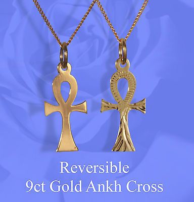 9ct Gold Diamond Cut Plain Ankh Cross & 9ct Gold Chain. REVERSIBLE.